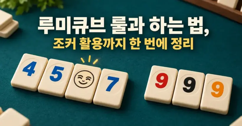 청록색 테이블 위에 파란색 4·5·조커·7 타일과 서로 다른 색의 9 타일 세 개가 놓이고, 루미큐브 룰과 하는 법 및 조커 활용을 안내하는 제목이 표시된 이미지.